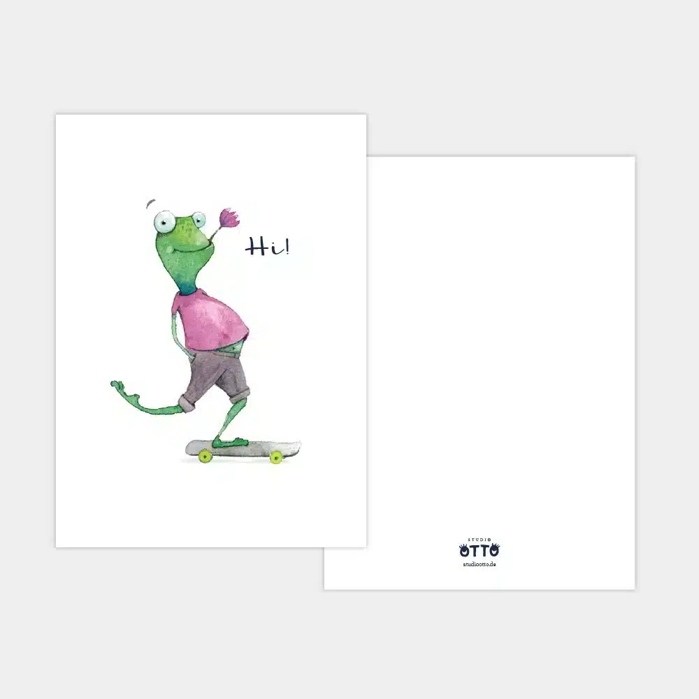 Frecher Fritz ist ein Forsch mit Blume im Maul auf einem Skateboard