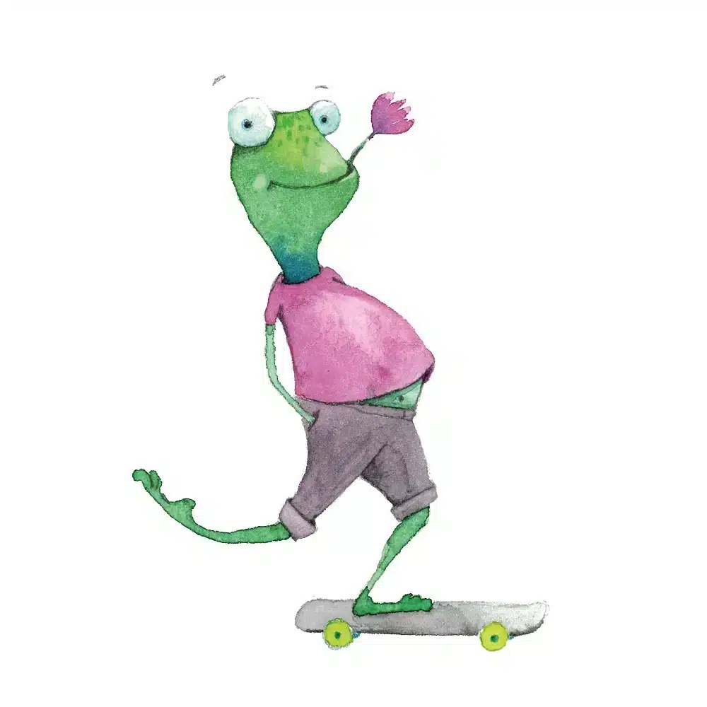 Skater Fritz auf einem Skateboard.