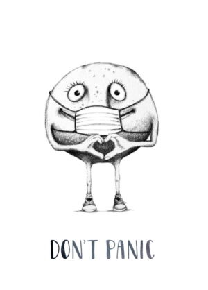 Bleistiftzeichnung eines kugeligen Männchens mit Knollennase. Eine Grußkarte.