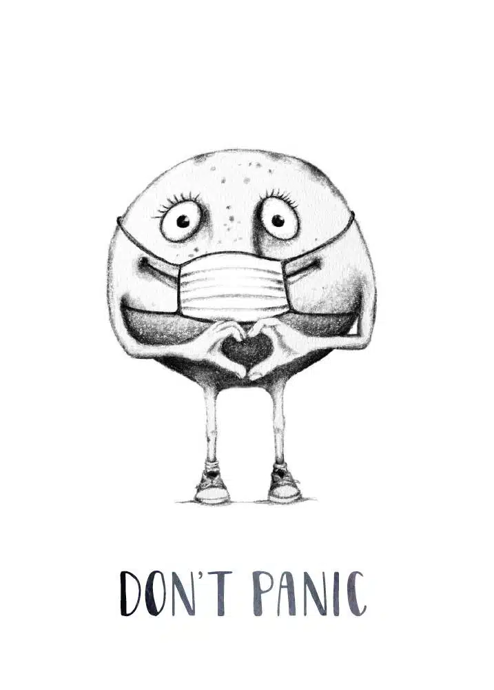 Bleistiftzeichnung eines kugeligen Männchens mit Knollennase. Eine Grußkarte.