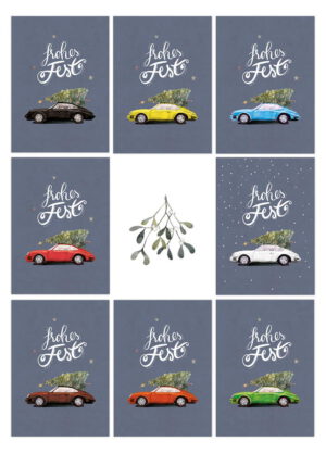 Weihnachtskarte Porsche 911 in acht Farben. Größe DIN A6