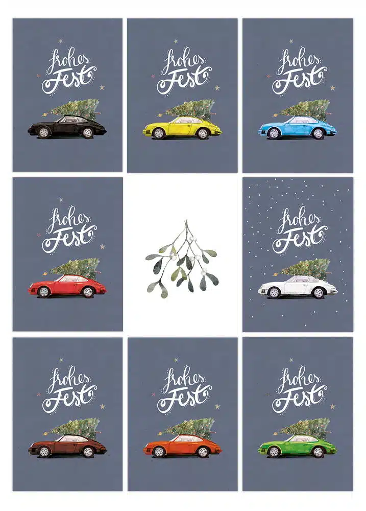 Weihnachtskarte Porsche 911 in acht Farben. Größe DIN A6