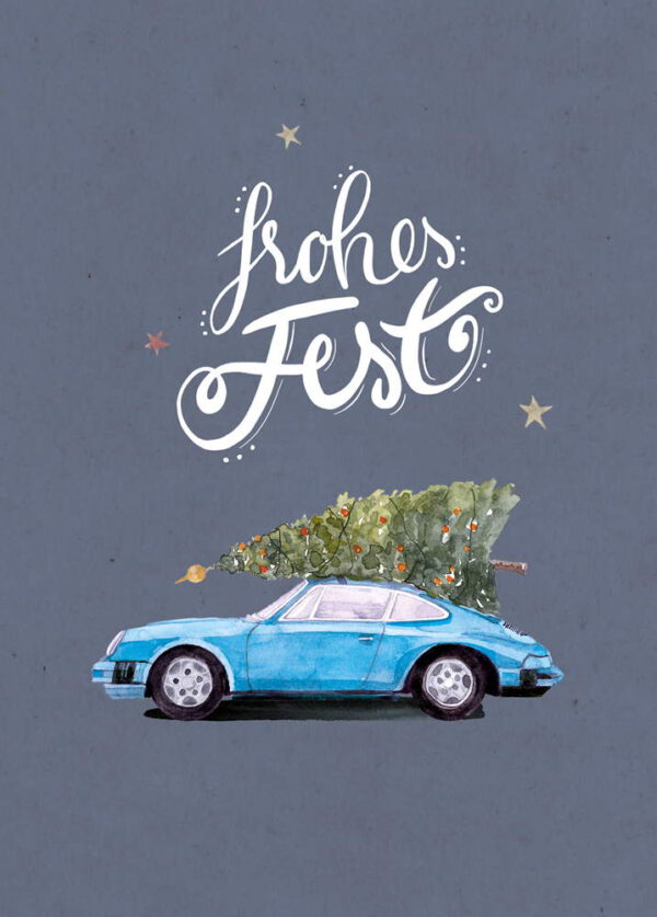Weihnachtskarte blauer Porsche 911 mit Tannenbaum, DIN A6