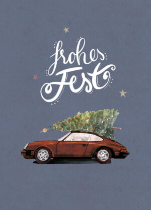 Weihnachtskarte brauner Porsche 911 mit Tannenbaum, DIN A6