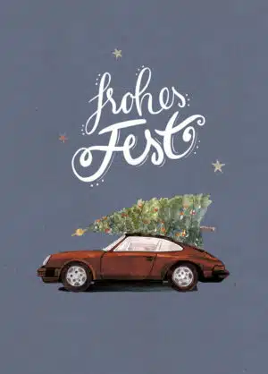 Weihnachtskarte brauner Porsche 911 mit Tannenbaum, DIN A6