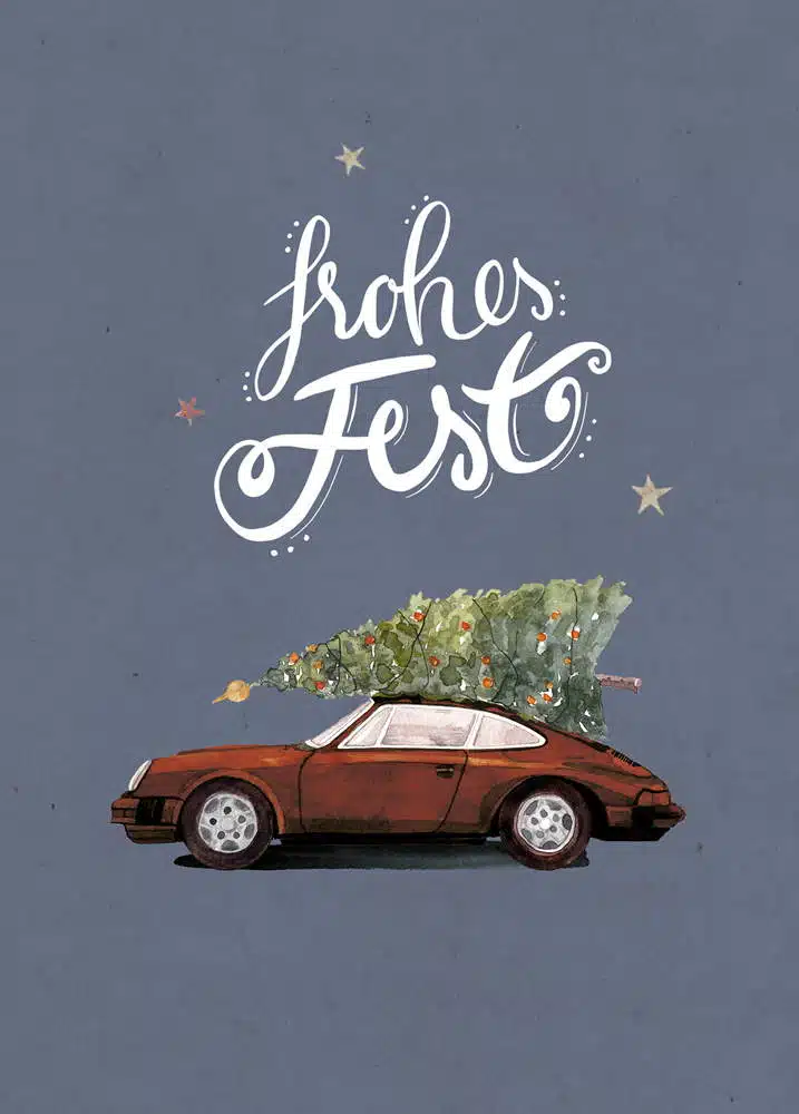 Weihnachtskarte brauner Porsche 911 mit Tannenbaum, DIN A6