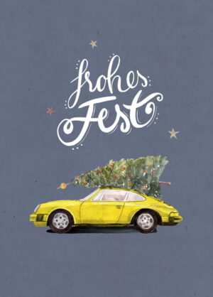Weihnachtskarte gelber Porsche 911 mit Tannenbaum, DIN A6