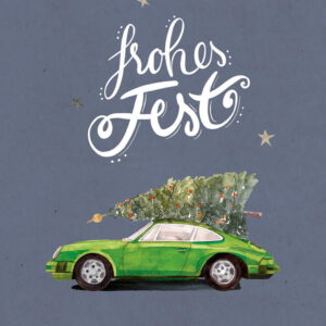 Weihnachtskarte grüner Porsche 911 mit Tannenbaum, DIN A6