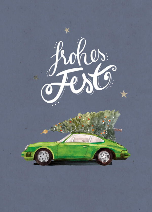 Weihnachtskarte grüner Porsche 911 mit Tannenbaum, DIN A6