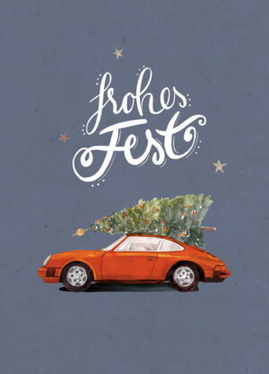 Weihnachtskarte oranger Porsche 911 mit Tannenbaum, DIN A6