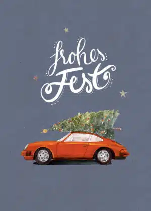 Weihnachtskarte oranger Porsche 911 mit Tannenbaum, DIN A6