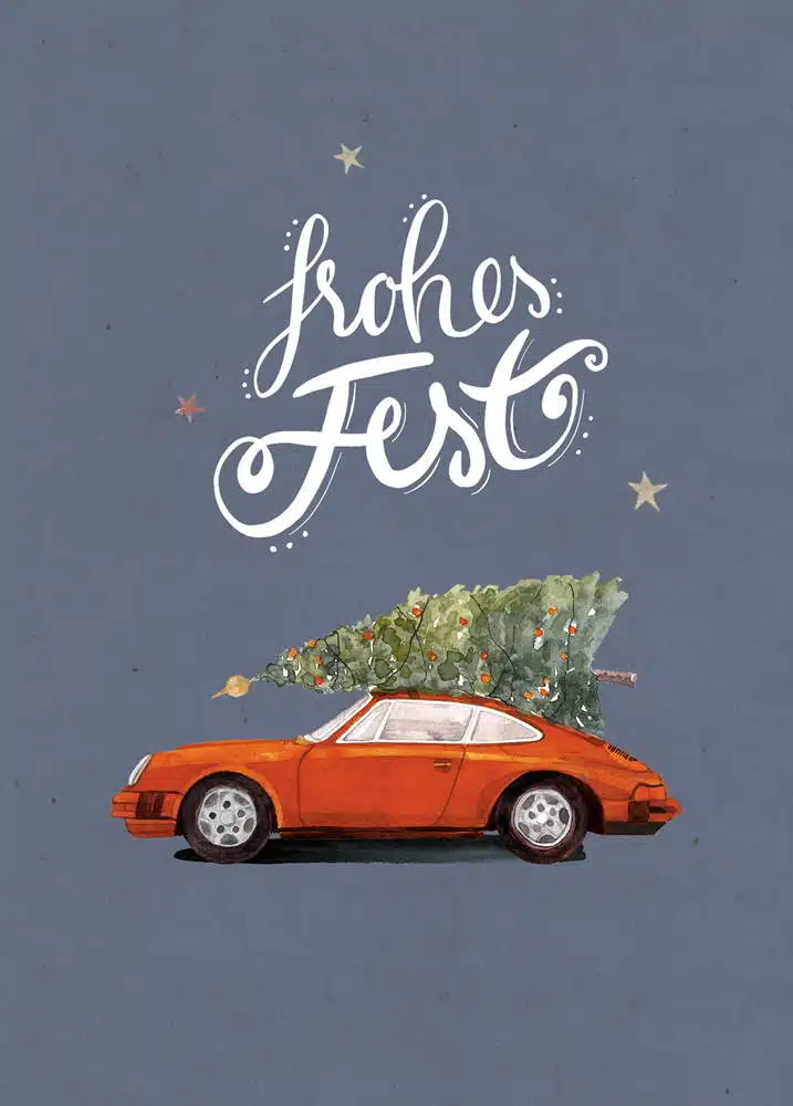 Weihnachtskarte oranger Porsche 911 mit Tannenbaum, DIN A6