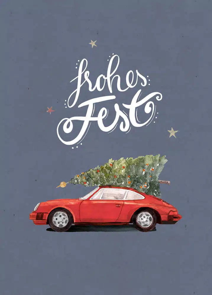 Weihnachtskarte roter Porsche 911 mit Tannenbaum, DIN A6
