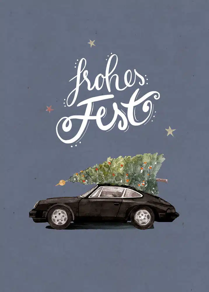 Weihnachtskarte schwarzer Porsche 911 mit Tannenbaum, DIN A6