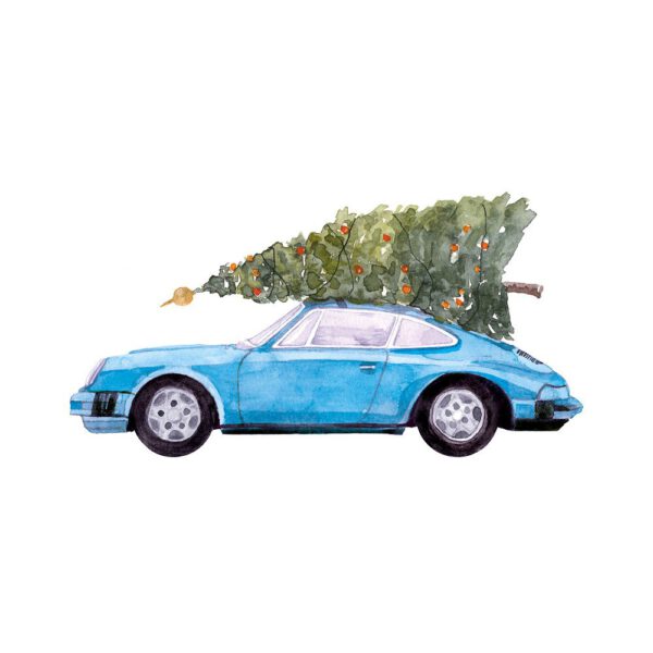 Weihnachtskarte blauer Porsche 911 mit Tannenbaum