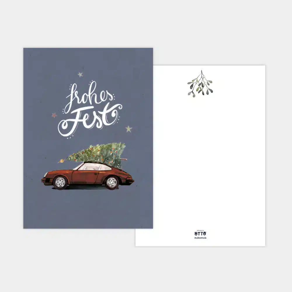 Weihnachtskarte brauner Porsche 911 mit Tannenbaum