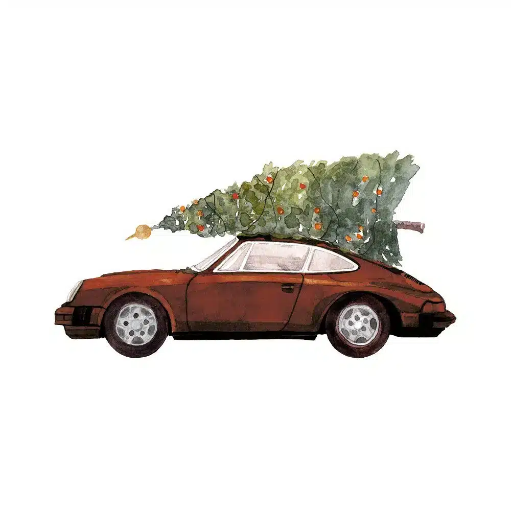 Weihnachtskarte brauner Porsche 911 mit Tannenbaum