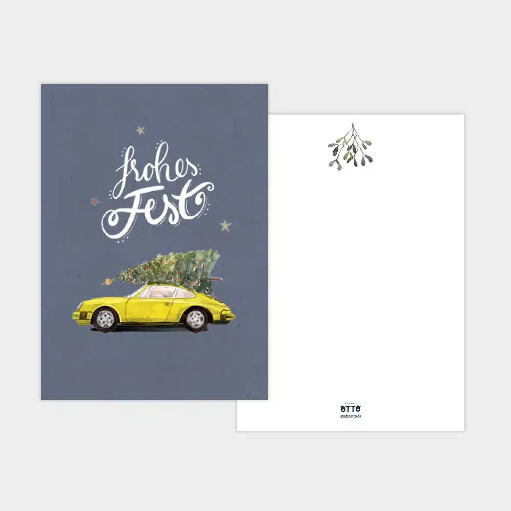 Weihnachtskarte gelber Porsche 911 mit Tannenbaum