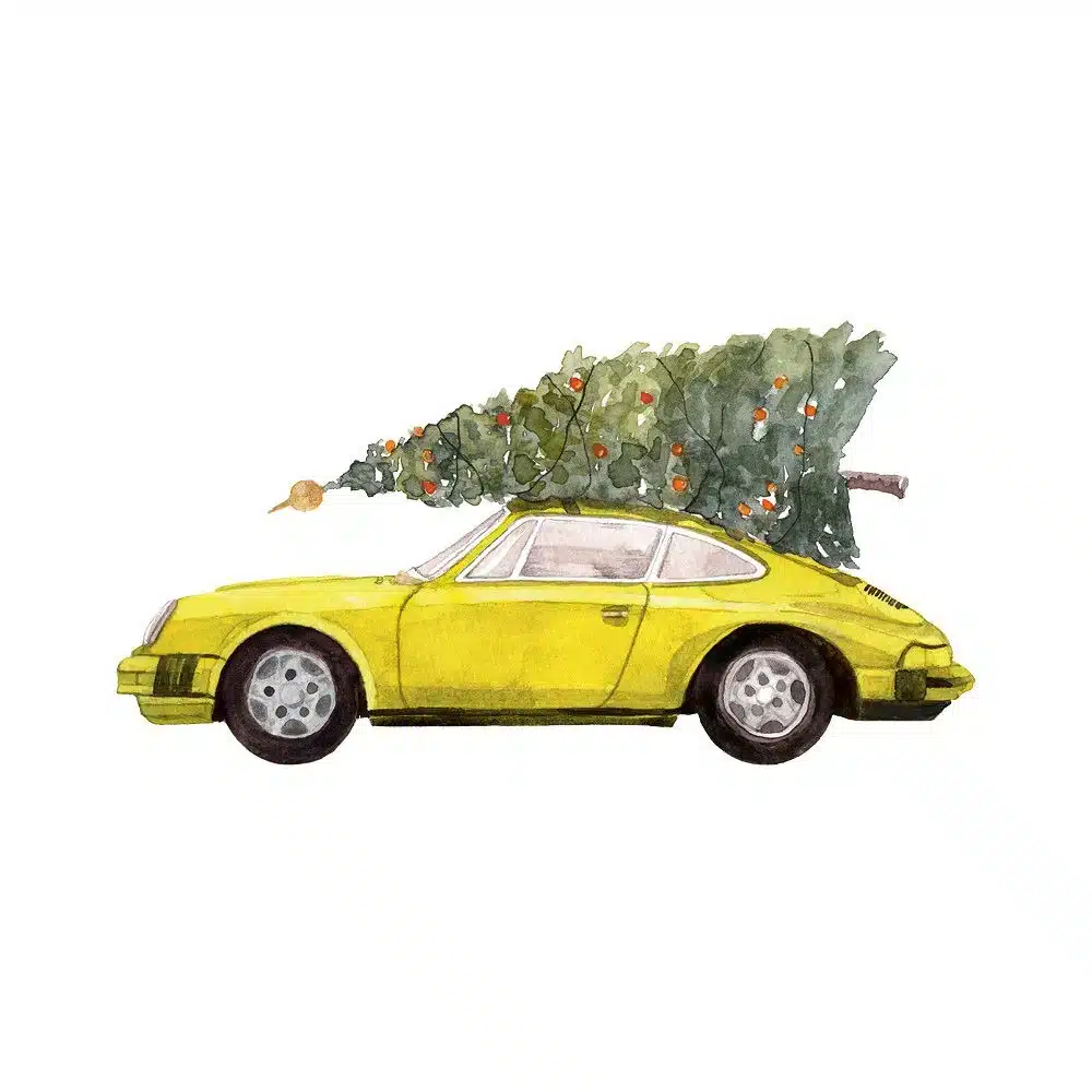 Weihnachtskarte gelber Porsche 911 mit Tannenbaum