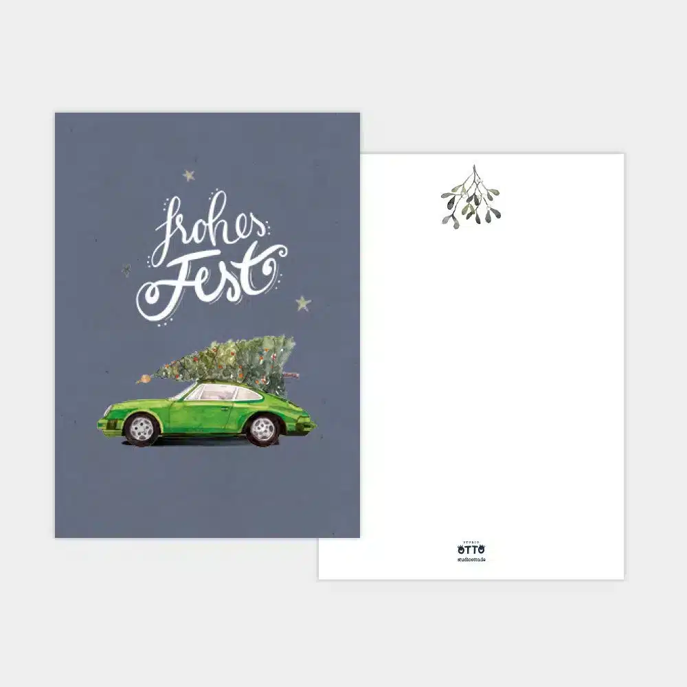 Weihnachtskarte grüner Porsche 911 mit Tannenbaum