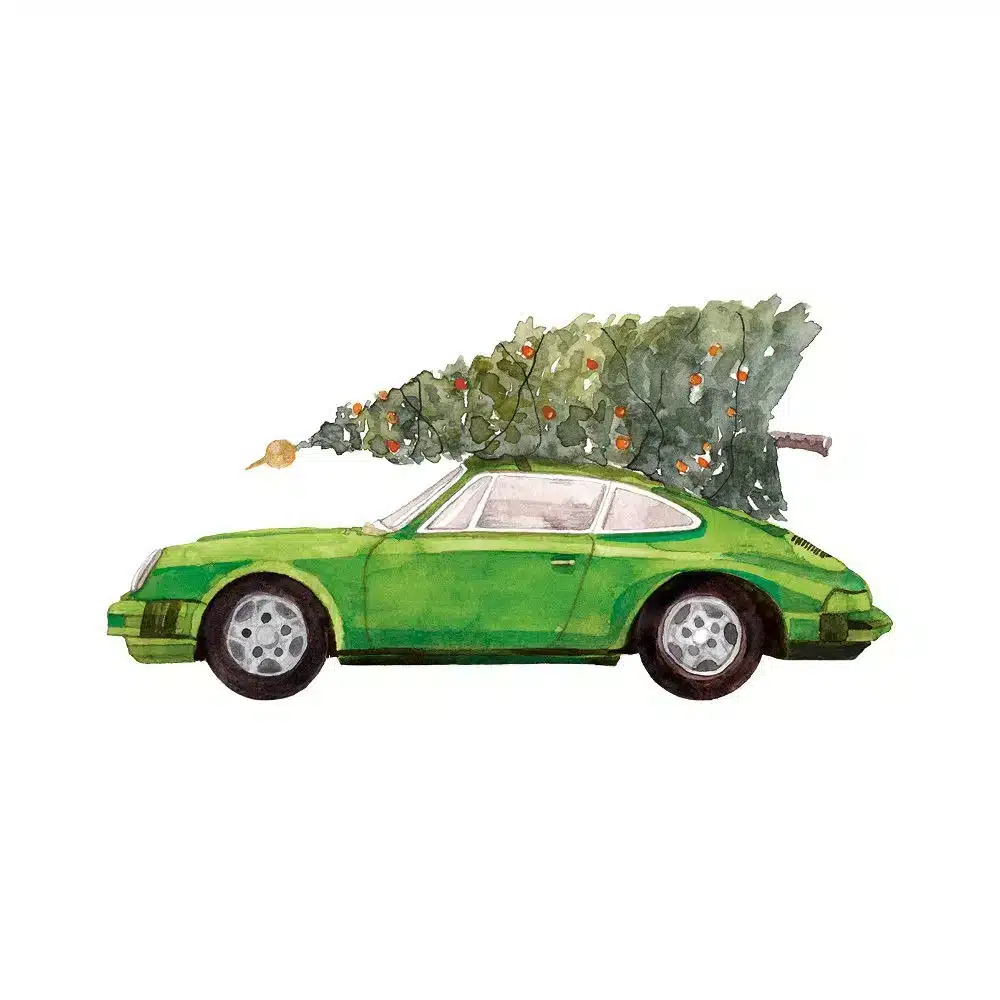 Weihnachtskarte grüner Porsche 911 mit Tannenbaum