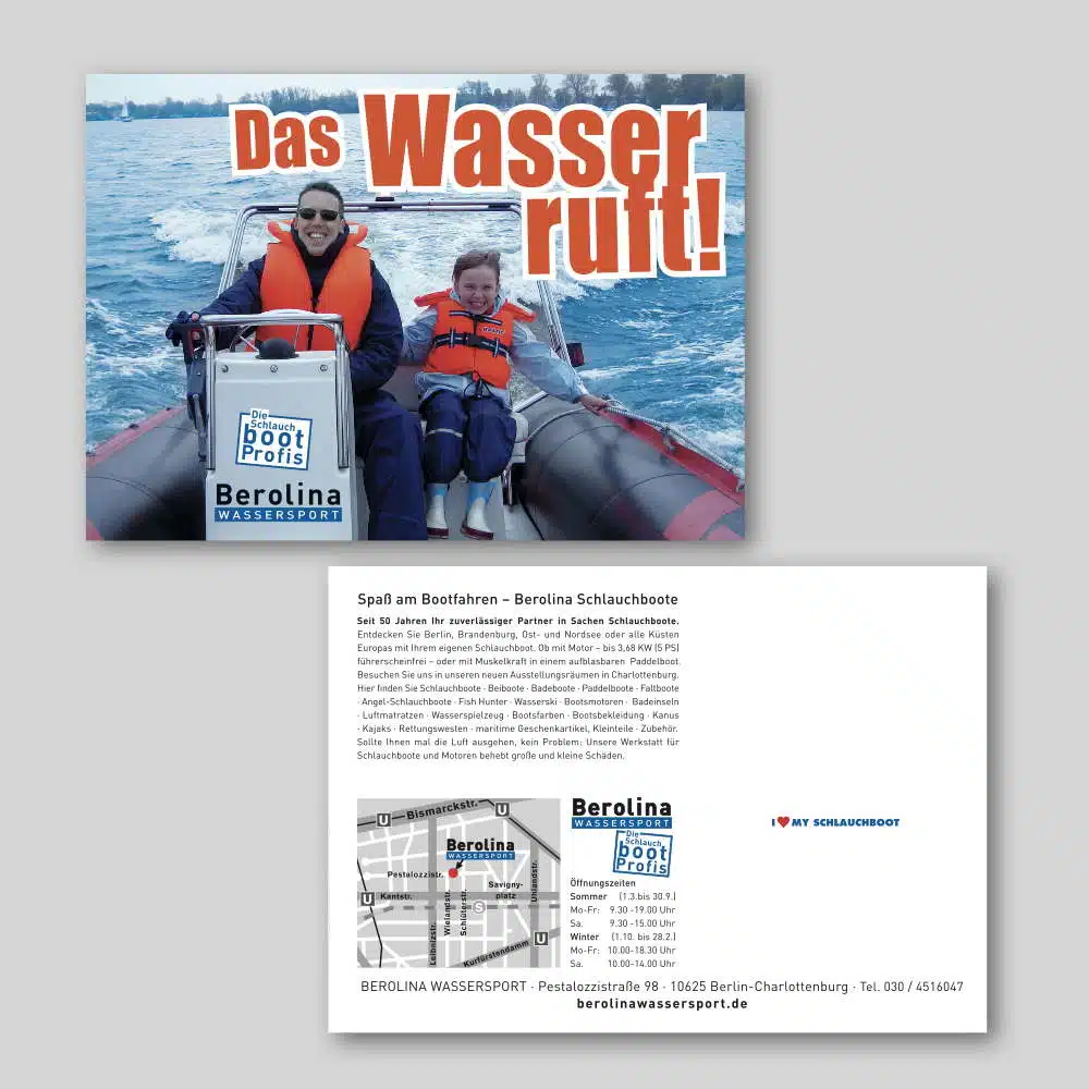 Eine individuelle Karte von Frecher Fritz für eine Wassersportfirma.
