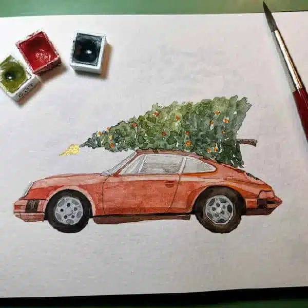 Eine Porsche Weihnachtskarte von Frecher Fritz Eine Porsche Weihnachtskarte entsteht als Aquarellzeichnung.