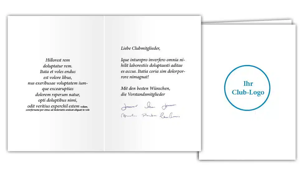 Eine Klappkarte von Innen mit Platzhaltern für Text und Logo.