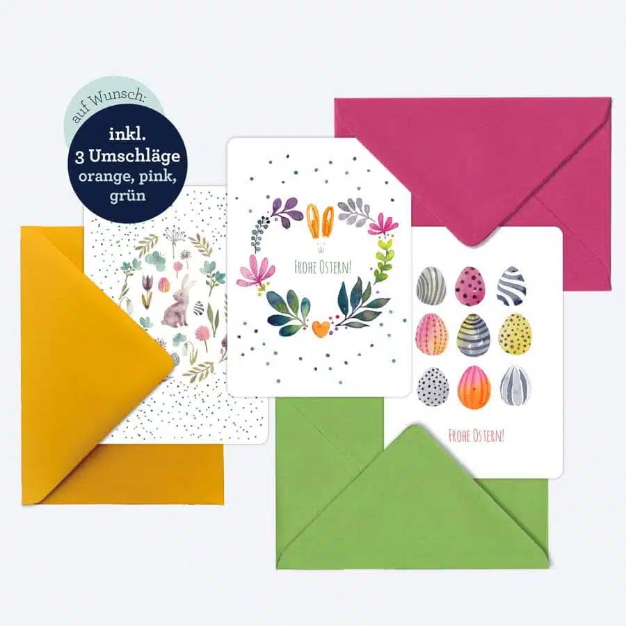 Drei Postkarten mit Ostermotiven: Hase, Eier, Frühling und passende farbige Umschläge.