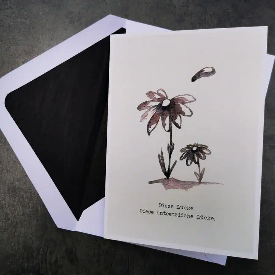 Trauerkarte "Diese entsetzliche Lücke", Aquarell mit zwei traurigen Gänseblümchen.