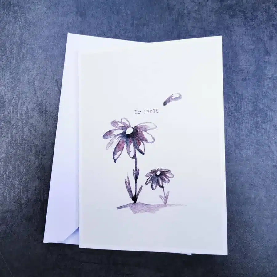 Trauerkarte "Er fehlt", Aquarell mit zwei traurigen Gänseblümchen.