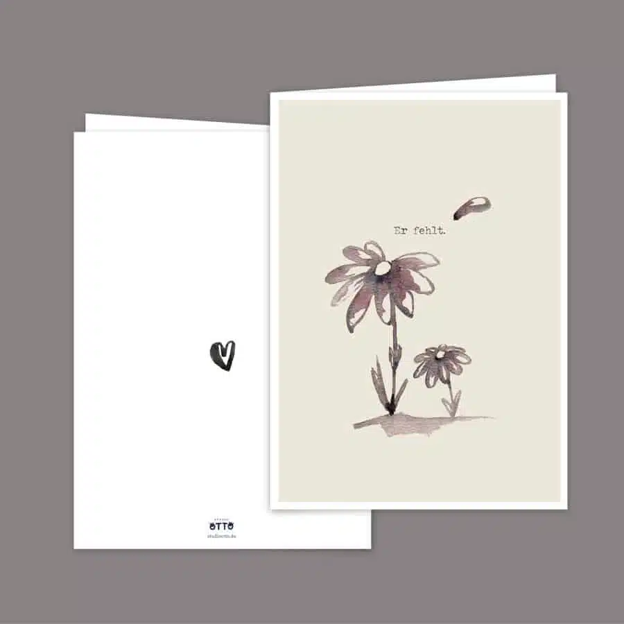 Trauerkarte "Er fehlt", Aquarell mit zwei traurigen Gänseblümchen.